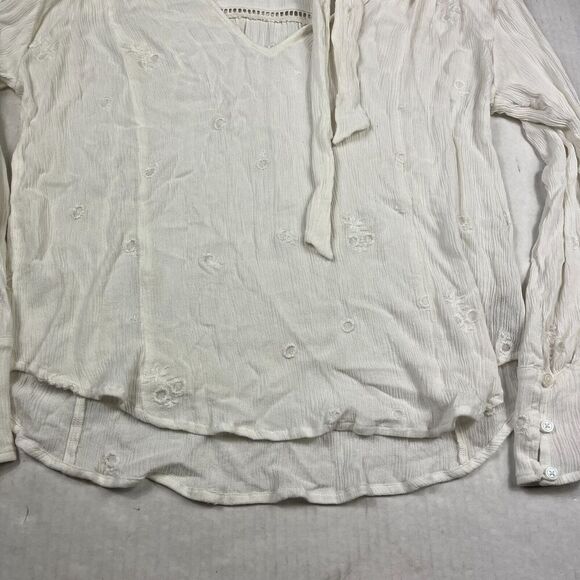 Free People Tie Neck Blouse Ivory V-Neck Embroidered Loose Fit Shirt SMALL FLAW - Picture 2 of 11